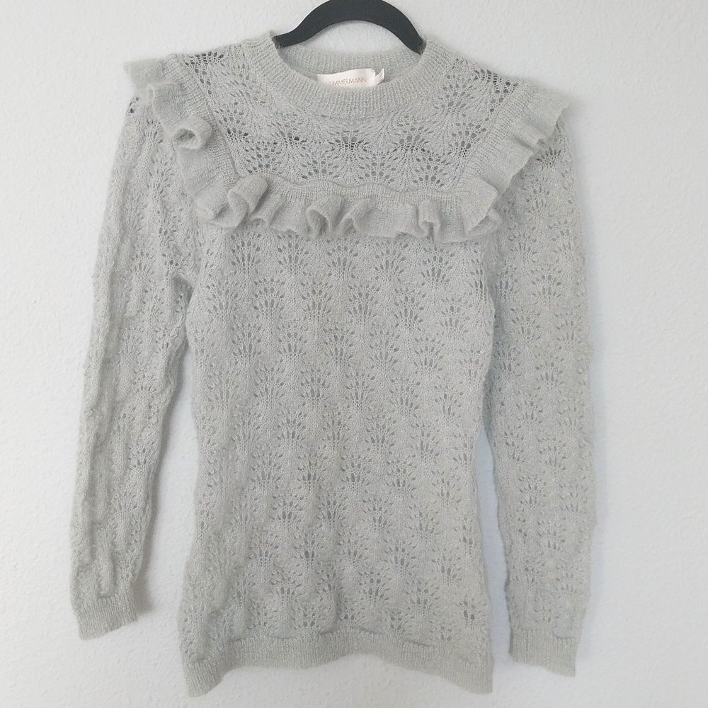 Zimmermann Aqua Blue Kid Mohair Blend Pointelle Knit Ruffle Neckline Sweater
